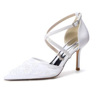 Women's Lace Silk Satin With Closed Toe Ankle Strap Stiletto Heel Evening Shoes