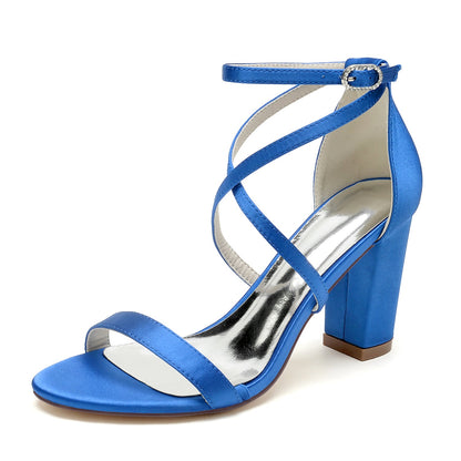 Women's Silk Satin With Ankle Strap Peep Toe Chunky Heel Wedding Shoes