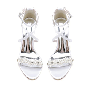Women's Silk Satin With Ankle Strap Pearl Rhinestone Peep Toe Chunky Heel Wedding Shoes
