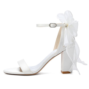 Women's Silk Satin With Peep Toe Ankle Strap Chunky Heel Evening Shoes With Bowknot