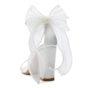 Women's Silk Satin With Peep Toe Ankle Strap Chunky Heel Evening Shoes With Bowknot