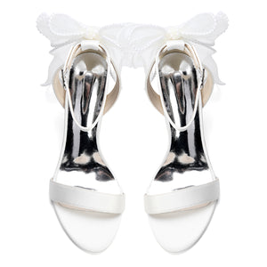 Women's Silk Satin With Peep Toe Ankle Strap Chunky Heel Evening Shoes With Bowknot