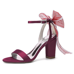 Women's Silk Satin With Peep Toe Ankle Strap Chunky Heel Evening Shoes With Bowknot