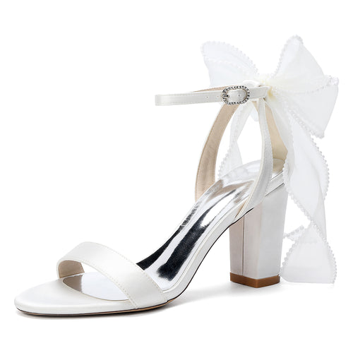 Women's Silk Satin With Peep Toe Ankle Strap Chunky Heel Evening Shoes With Bowknot