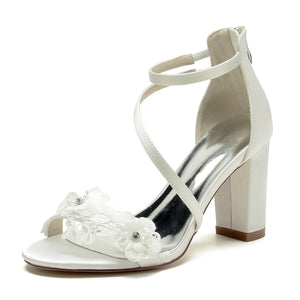 Women's Ankle Strap Flower Peep Toe Silk Satin With Chunky Heel Party Shoes
