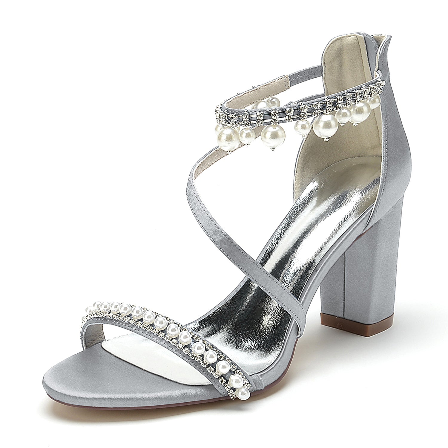 Women's Silk Satin With Ankle Strap Pearl Rhinestone Tassel Peep Toe Chunky Heel Party Shoes
