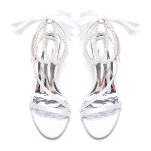 Women's Silk Satin With Ankle Strap Lace-up Pearl Peep Toe Chunky Heel Wedding Shoes