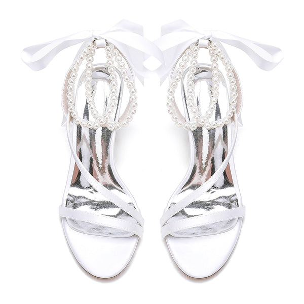 Women's Silk Satin With Ankle Strap Lace-up Pearl Peep Toe Chunky Heel Wedding Shoes