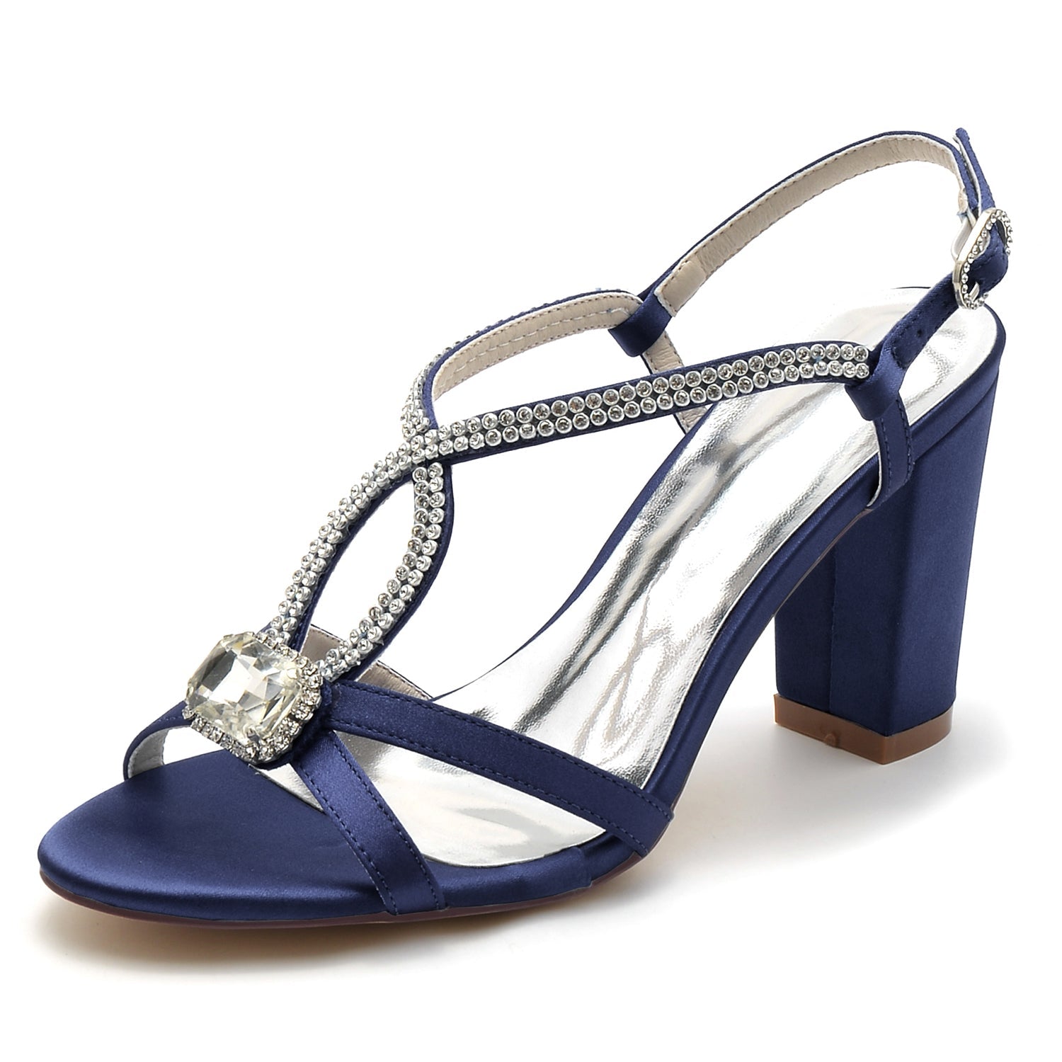 Women's Silk Satin Rhinestone With Ankle Strap Peep Toe Chunky Heel Party Shoes