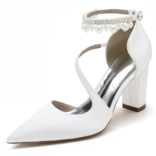Women's Silk Satin With Ankle Strap Pearl Tassel Closed Toe Chunky Heel Party Shoes