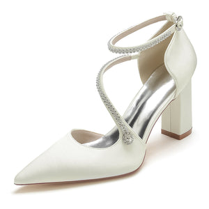 Women's Silk Satin With Ankle Strap Rhinestone Chunky Heel Closed Toe Wedding Shoes