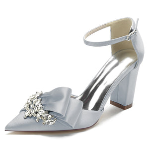 Women's Silk Satin Ankle Strap Rhinestone Closed Toe Chunky Heel Party Shoes