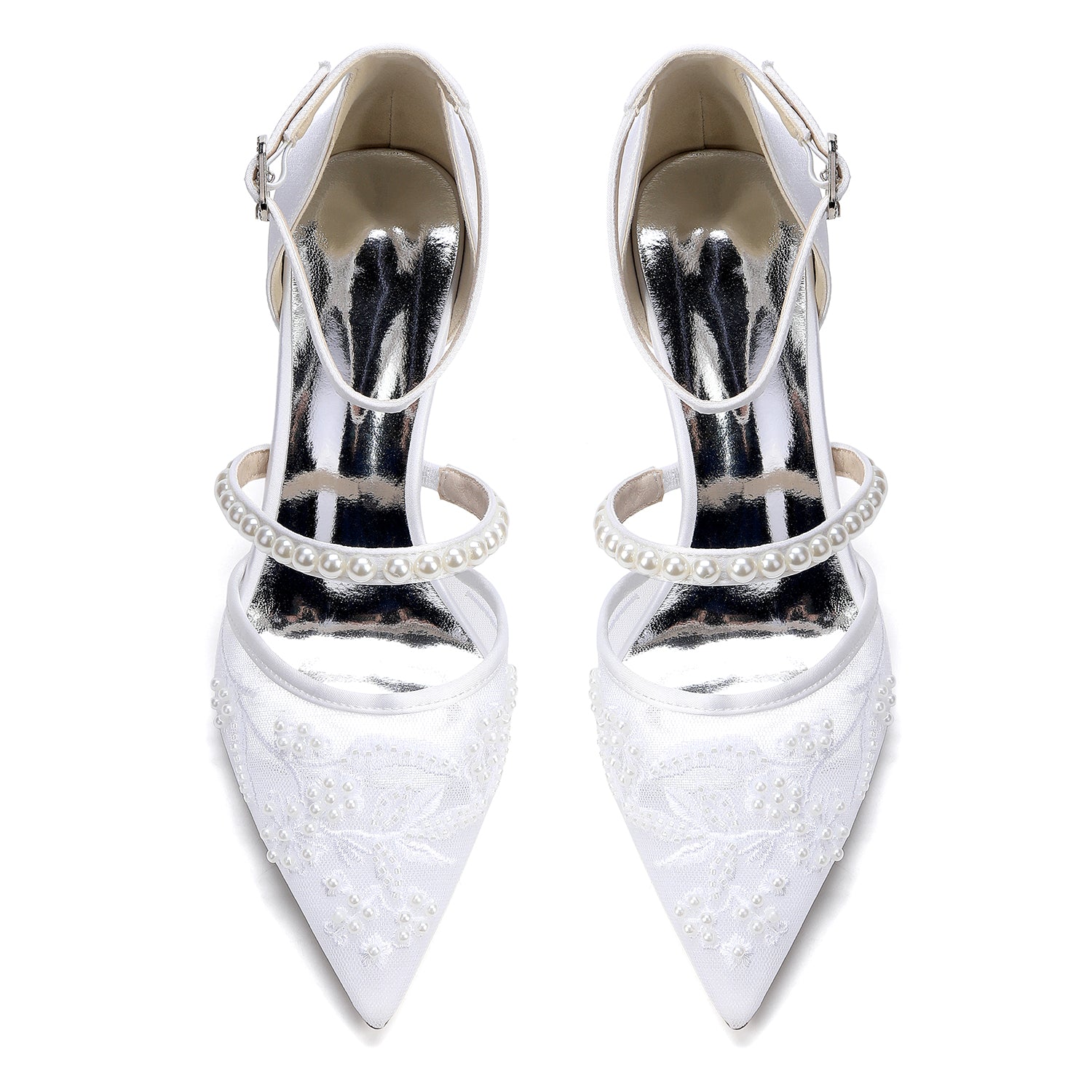 Women's Silk Satin With Lace Closed Toe Ankle Strap Chunky Heel Evening Shoes With Pearl