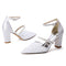 Women's Silk Satin With Lace Closed Toe Ankle Strap Chunky Heel Evening Shoes With Pearl