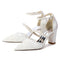 Women's Silk Satin With Lace Closed Toe Ankle Strap Chunky Heel Evening Shoes With Pearl