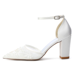 Women's Silk Satin With Lace Closed Toe Ankle Strap Chunky Heel Evening Shoes