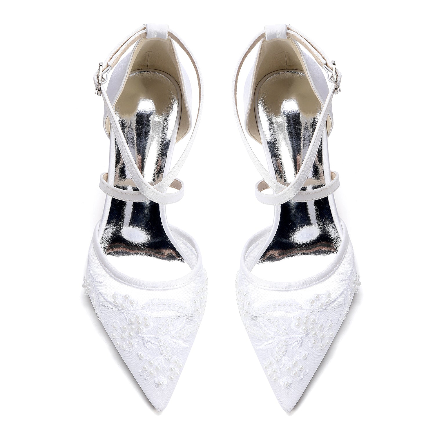 Women's Lace Silk Satin With Closed Toe Ankle Strap Chunky Heel Evening Shoes