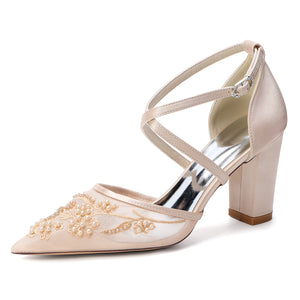 Women's Lace Silk Satin With Closed Toe Ankle Strap Chunky Heel Evening Shoes