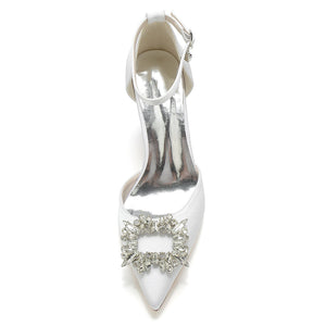 Women's Silk Satin Ankle Strap With Rhinestone Closed Toe Chunky Heel Wedding Shoes