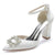 Women's Silk Satin Ankle Strap With Rhinestone Closed Toe Chunky Heel Wedding Shoes