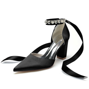 Women's Silk Satin With Ankle Strap Lace-up Closed Toe Chunky Heel Evening Shoes