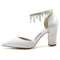 Women's Silk Satin With Ankle Strap Pearl Rhinestone Tassel Closed Toe Chunky Heel Wedding Shoes