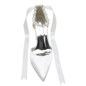 Women's Silk Satin With Lace-up Ankle Strap Pearl Closed Toe Chunky Heel Wedding Shoes