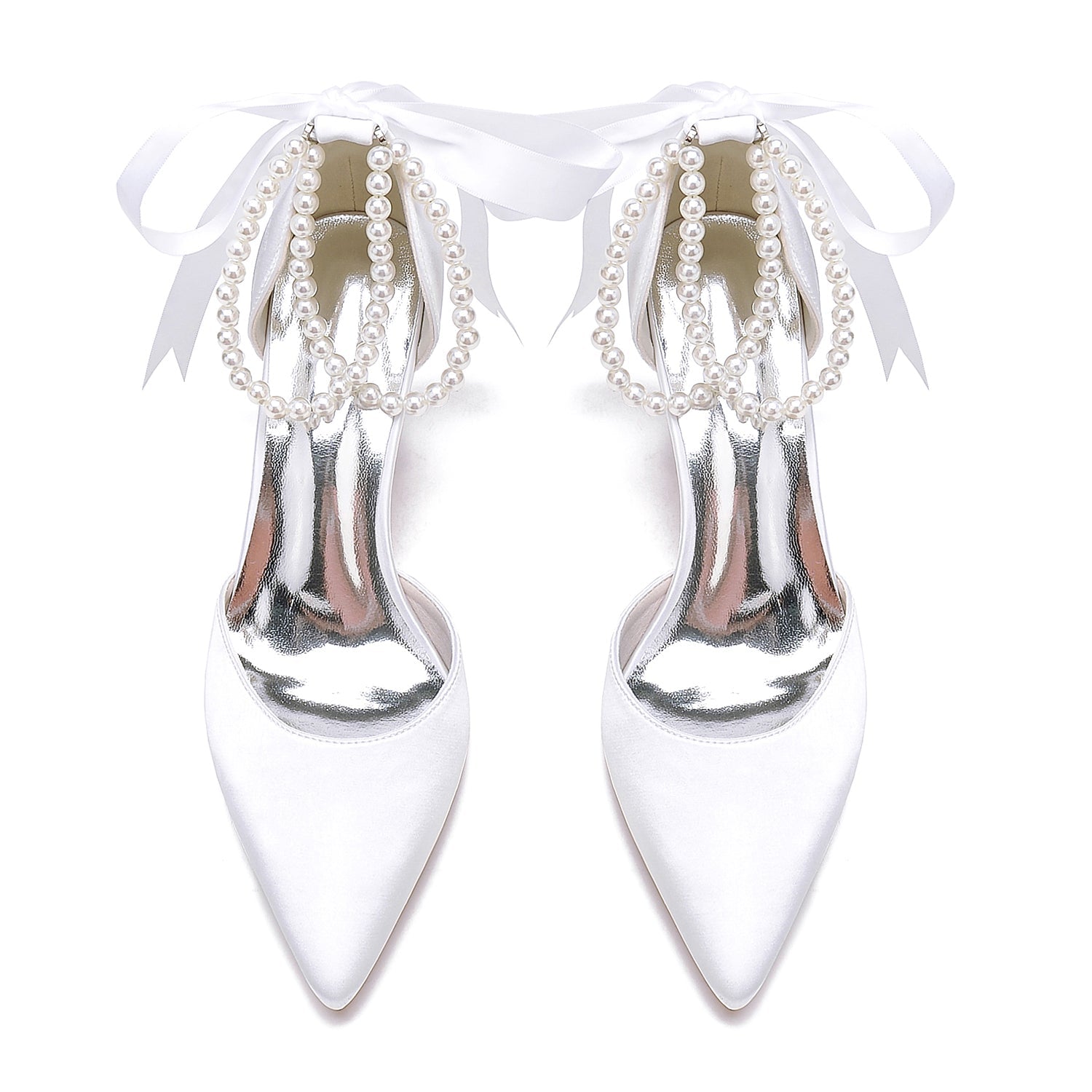 Women's Silk Satin With Ankle Strap Lace-up Pearl Closed Toe Chunky Heel Wedding Shoes