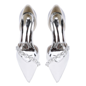 Women's Silk Satin Closed Toe With Pearl Chunky Heel Wedding Shoes