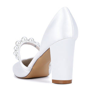 Women's Silk Satin Closed Toe With Pearl Chunky Heel Wedding Shoes