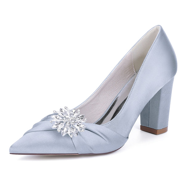 Women's Silk Satin Closed Toe With Rhinestone Chunky Heel Wedding Shoes