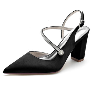 Women's Silk Satin Ankle Strap Rhinestone Closed Toe Chunky Heel Evening Shoes