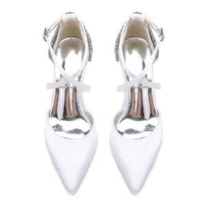 Women's Silk Satin Closed Toe With Ankle Strap Rhinestone Chunky Heel Evening Shoes