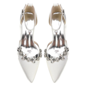 Women's Silk Satin With Closed Toe Ankle Strap Chunky Heel Evening Shoes With Rhinestone