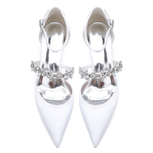 Women's  Silk Satin With Closed Toe Ankle Strap Chunky Heel Evening Shoes With Rhinestone