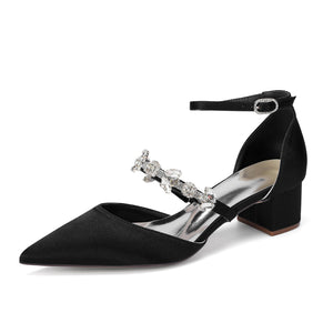 Women's  Silk Satin With Closed Toe Ankle Strap Chunky Heel Evening Shoes With Rhinestone