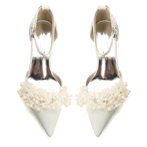 Women's Silk Satin With Closed Toe Ankle Strap Chunky Heel Evening Shoes With Beading