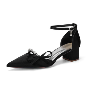 Women's Silk Satin With Closed Toe Ankle Strap Chunky Heel Evening Shoes With Rhinestone & Bowknot