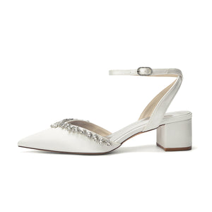 Women's Silk Satin With Closed Toe Ankle Strap Chunky Heel Evening Shoes With Rhinestone