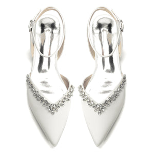 Women's Silk Satin With Closed Toe Ankle Strap Chunky Heel Evening Shoes With Rhinestone