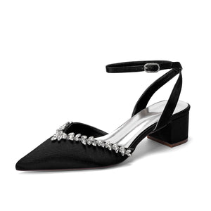 Women's Silk Satin With Closed Toe Ankle Strap Chunky Heel Evening Shoes With Rhinestone