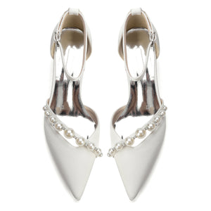Women's Silk Satin With Closed Toe Ankle Strap Chunky Heel Evening Shoes With Pearl