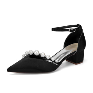 Women's Silk Satin With Closed Toe Ankle Strap Chunky Heel Evening Shoes With Pearl