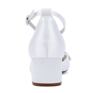 Women's Silk Satin With Closed Toe Ankle Strap Chunky Heel Evening Shoes With Pearl
