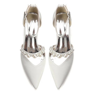 Women's Silk Satin With Closed Toe Ankle Strap Chunky Heel Evening Shoes With Pearl
