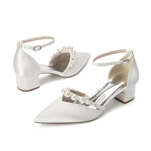 Women's Silk Satin With Closed Toe Ankle Strap Chunky Heel Evening Shoes With Pearl