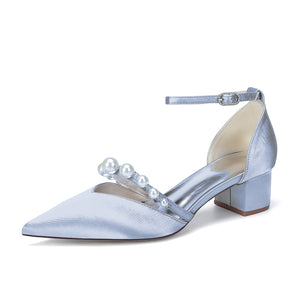 Women's Silk Satin With Closed Toe Ankle Strap Chunky Heel Evening Shoes With Pearl