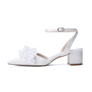 Women's Silk Satin With Closed Toe Ankle Strap Chunky Heel Evening Shoes With Beading
