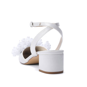 Women's Silk Satin With Closed Toe Ankle Strap Chunky Heel Evening Shoes With Beading
