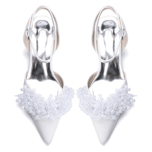 Women's Silk Satin With Closed Toe Ankle Strap Chunky Heel Evening Shoes With Beading